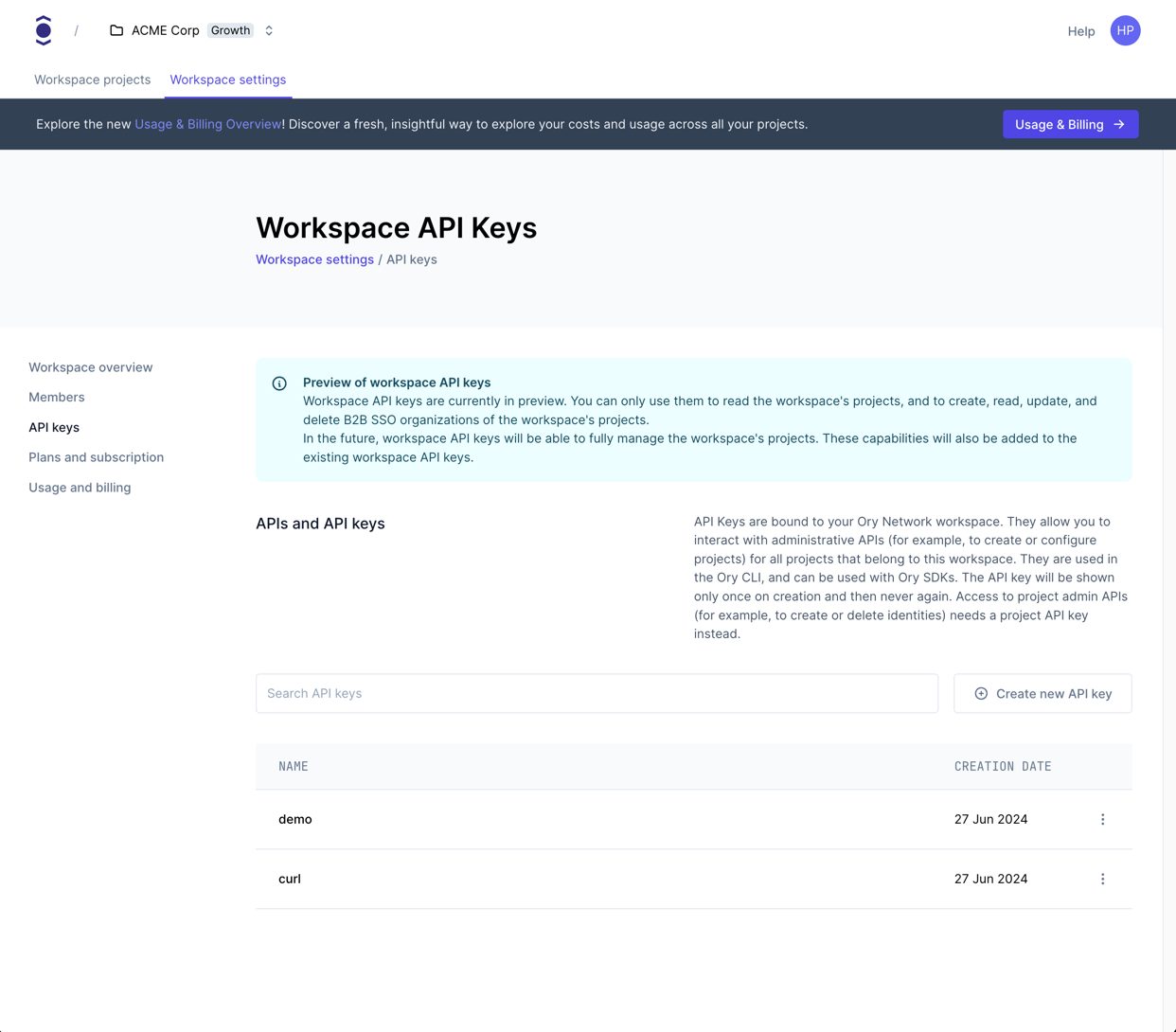 Configure workspace API keys in the Ory Console